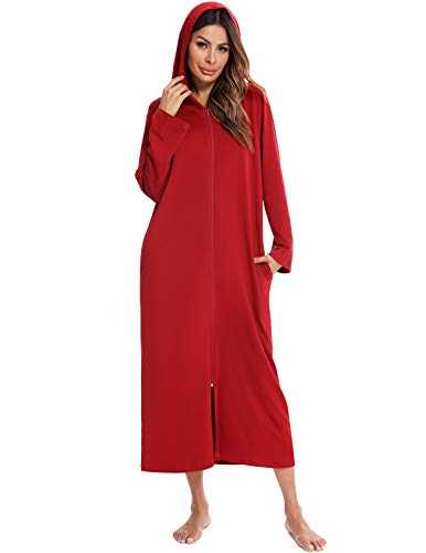 Veseacky Damen-Bademantel mit Kapuze und Reißverschluss, langärmelig, Hausmantel, volle Länge, Nachthemd mit Taschen, S-XXL, H0125-Weinrot, 46 von Veseacky