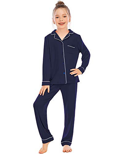 Veseacky Unisex Mädchen Jungen Pyjamas Langarm Schlafanzug Button-Down 2 Stück Pjs Set für 5-14 Jahre von Veseacky