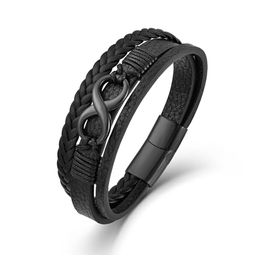 Veshon Herren Leder Infinity Armband Edelstahl Nummer 8 Armband Manschette Armreif Armbänder Geschenke für Männer, 21,1 & 23,1 cm, 8.3inch(21cm), Kein Edelstein von Veshon