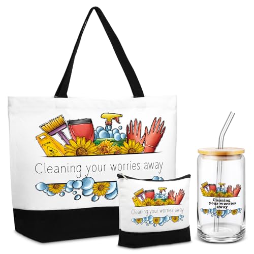 Vesici Housekeeping Week Wertschätzungsgeschenke, Tragetasche, Kosmetiktasche, Kaffeetasse aus Glas, Kaffeetasse mit Bambusdeckel, Stroh, Leinen, Make-up, Reißverschluss, für Frauen, Haushälterinnen von Vesici