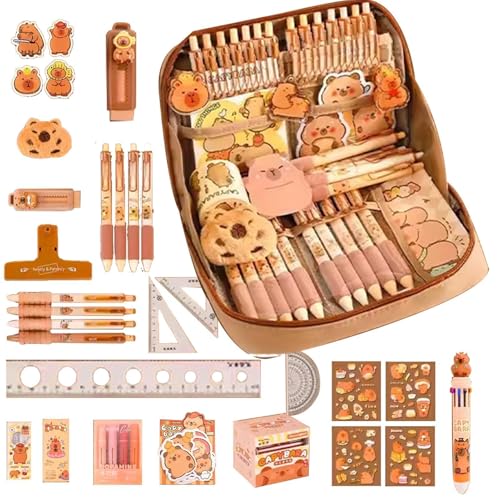 Capybara Federmäppchen Set, Capybara Schreibwaren Set, Mehrschichtiges Süßes Federmäppchen, Bleistifttasche mit Stiften, Linealen und mehr, Federmäppchen mit großer Öffnung von Vesidoloy
