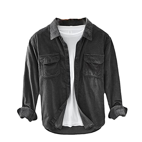 Herren Loose Cord Hemdjacke Casual Langarm Herren Kleidung, grau, XXL von Veslagy