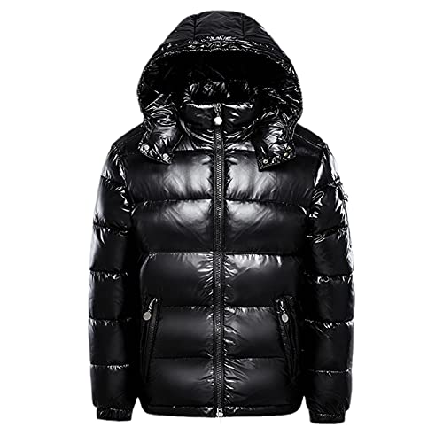 Earnmore Warme Daunenjacken für Herren, einfarbig, Winterjacke, Schnee-Daunenjacken, Kapuzenreißverschluss, Metall, glänzender Windbreaker, Schwarz, L von Earnmore