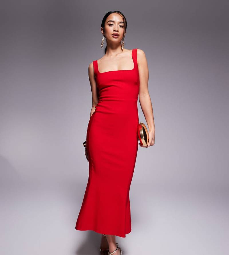 Vesper Petite - Ärmelloses Bengaline-Midikleid in Rot mit eckigem Ausschnitt und Schwalbenschwanzsaum von Vesper Petite