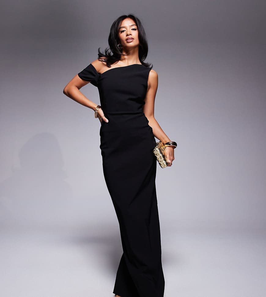 Vesper Petite - Bengaline-Maxikleid in Bodycon-Passform in Schwarz mit Knotendetail und One-Shoulder-Träger Vesper Petite - Bengaline-Maxikleid in Bodycon-Passform in Schwarz mit Knotendetail und One-Shoulder-Träger von Vesper Petite