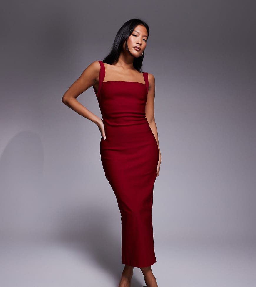 Vesper Petite - Midaxi-Kleid aus Bengaline in Weinrot mit eckigem Ausschnitt und tiefem Rückenausschnitt von Vesper Petite