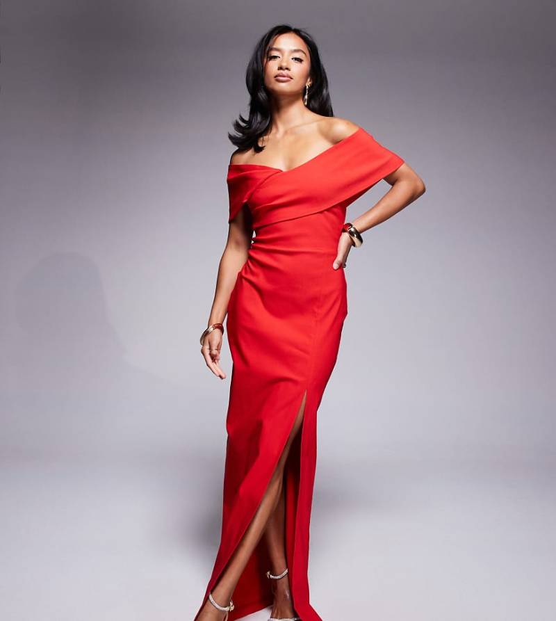 Vesper Petite - Schulterfreies Bengaline-Midikleid in Rot mit überkreuzter Vorderpartie von Vesper Petite