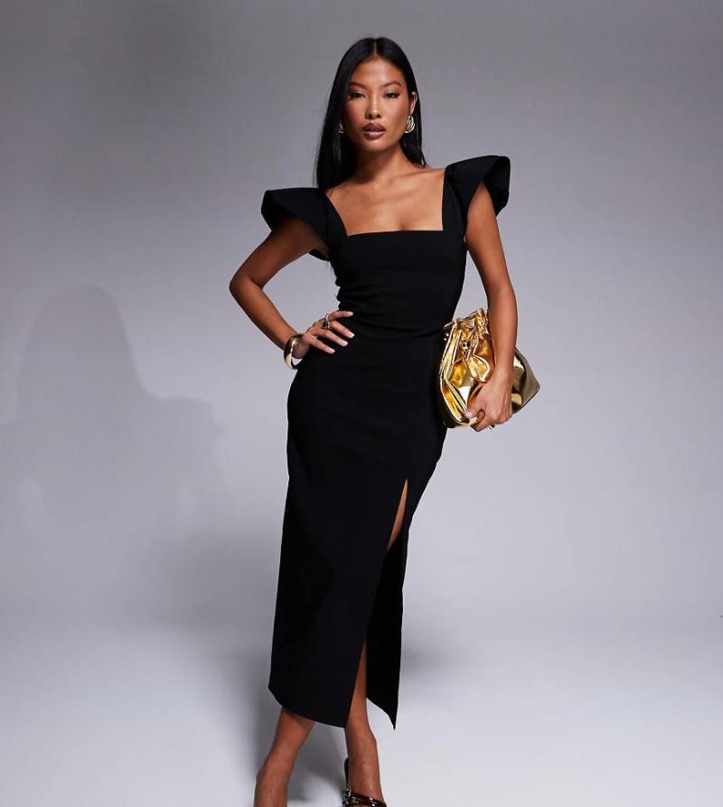 Vesper Petite - Wadenlanges Kleid aus Bengaline in Schwarz mit eckigem Ausschnitt, gerüschten Ärmeln und Seitenschlitz von Vesper Petite