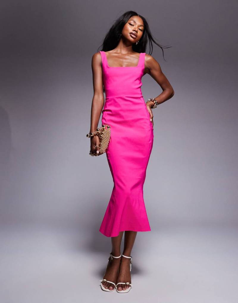 Vesper - Ärmelloses Midikleid aus Bengaline in Rosa mit eckigem Ausschnitt und Schwalbenschwanzsaum von Vesper