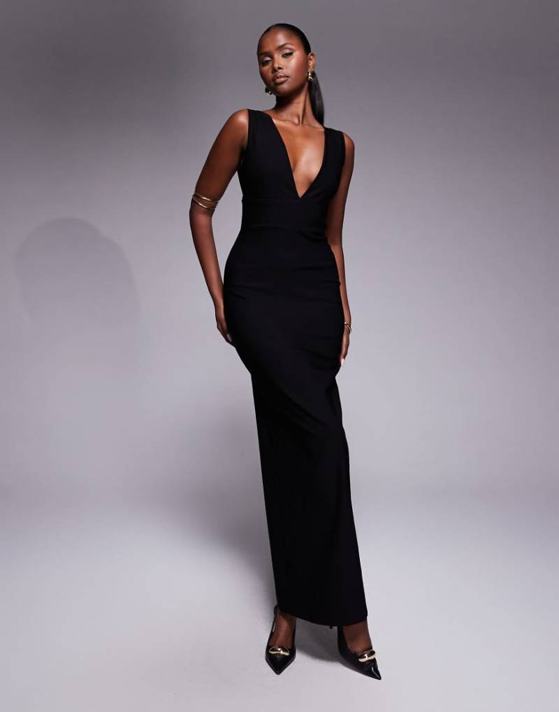 Vesper - Bengaline-Maxikleid in Schwarz mit tiefem V-Ausschnitt von Vesper