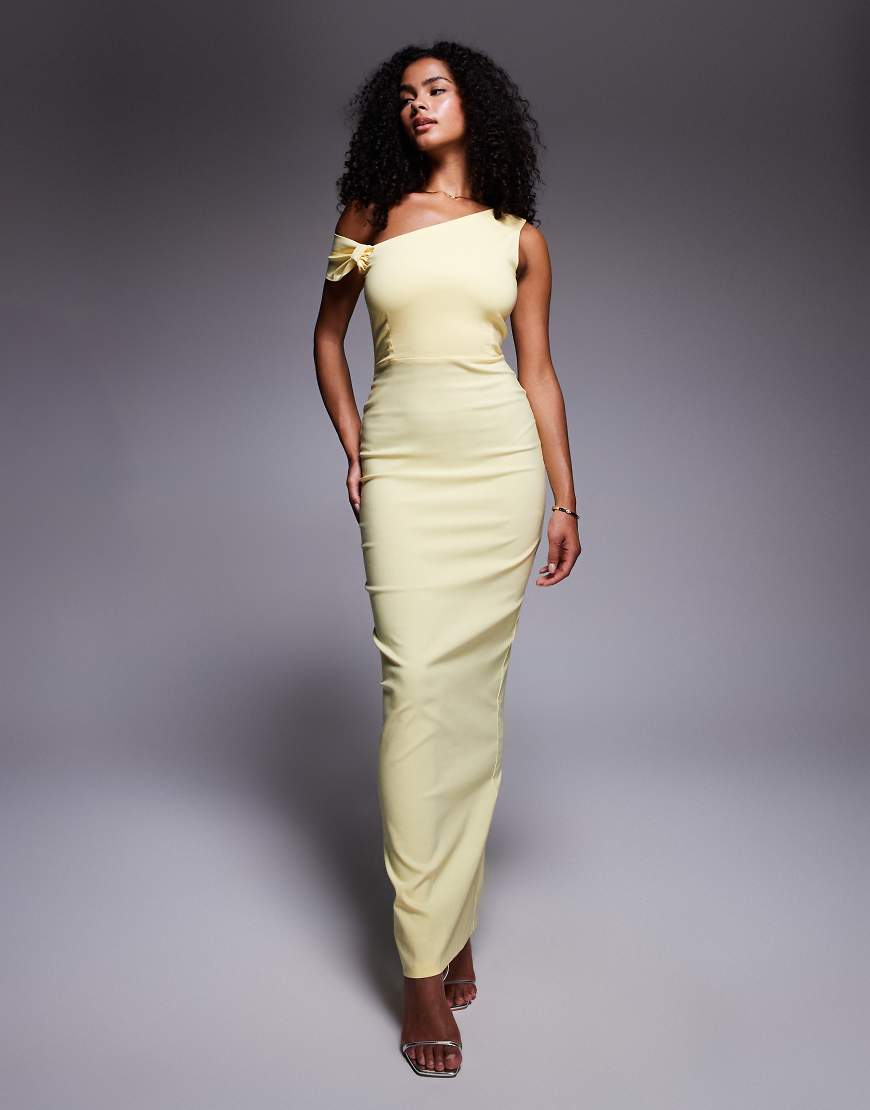 Vesper - Bodycon-Kleid in Maxilänge aus Bengaline in Gelb mit Knotendetail und One-Shoulder-Träger von Vesper