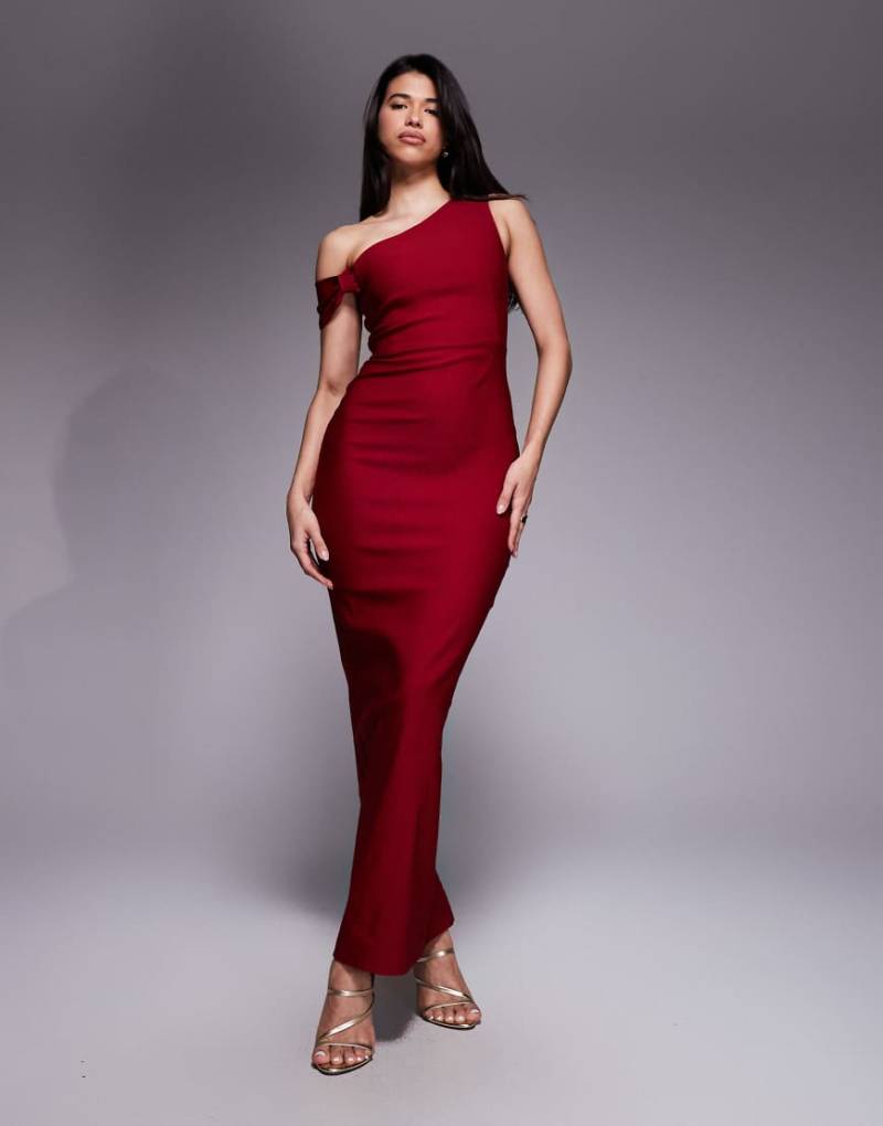 Vesper - Bodycon-Kleid in Maxilänge aus Bengaline in Weinrot mit Knotendetail und One-Shoulder-Träger von Vesper