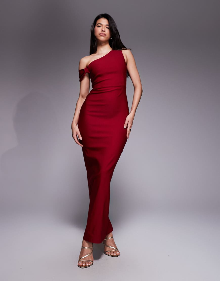 Vesper - Bodycon-Kleid in Maxilänge aus Bengaline in Weinrot mit Knotendetail und One-Shoulder-Träger von Vesper
