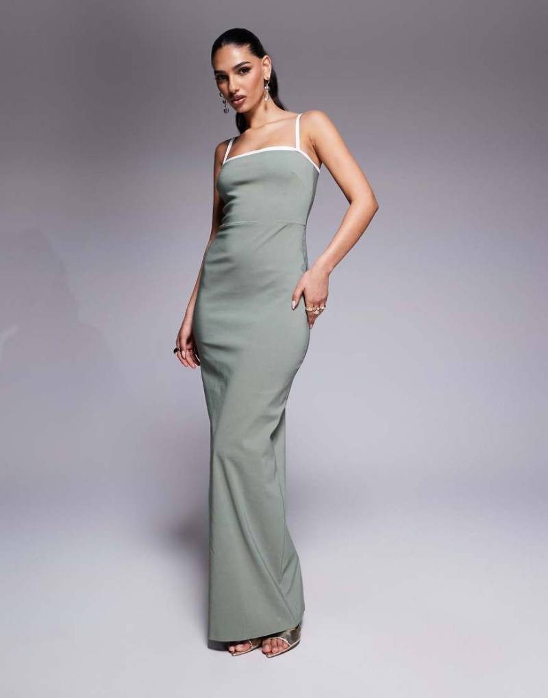 Vesper - Figurbetontes Maxikleid aus Bengaline in Salbeigrün mit eckigem Ausschnitt und farblich abgesetzter Paspelierung von Vesper