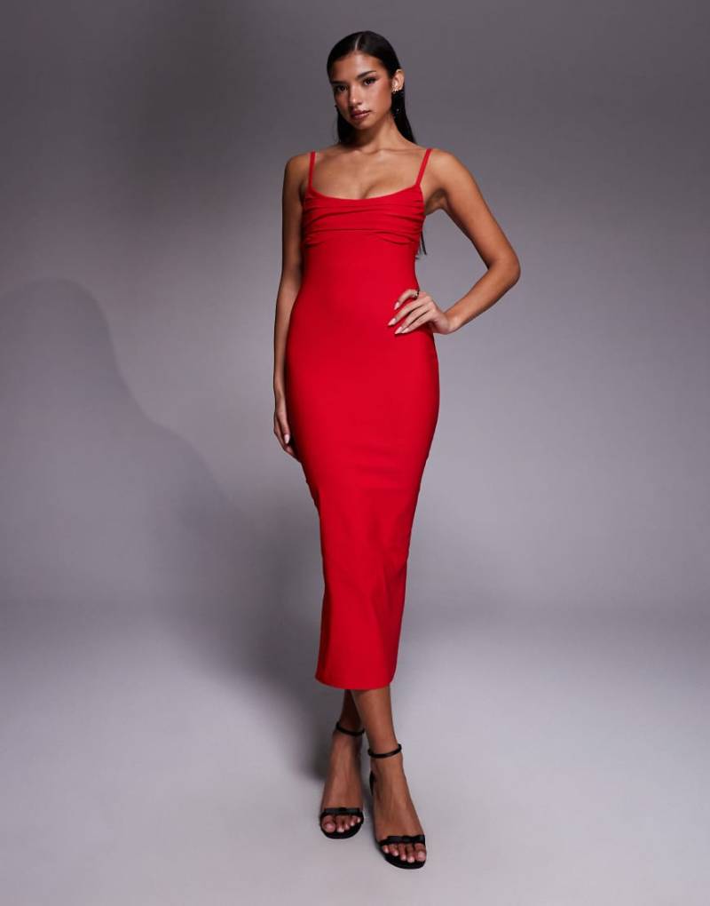 Vesper - Camisole-Midaxikleid aus Bengaline in Rot mit geraffter Brustpartie und Riemchen-Trägern von Vesper