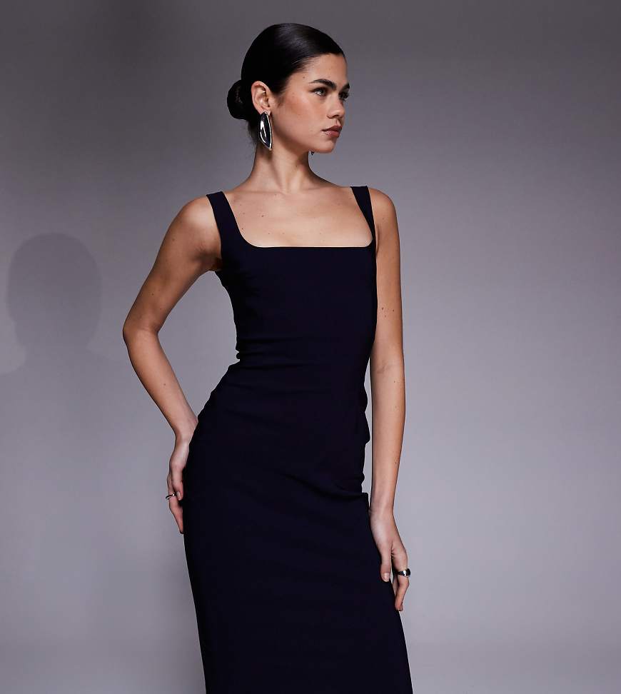 Vesper - Figurbetontes Bengaline-Midikleid in Marineblau mit eckigem Ausschnitt von Vesper