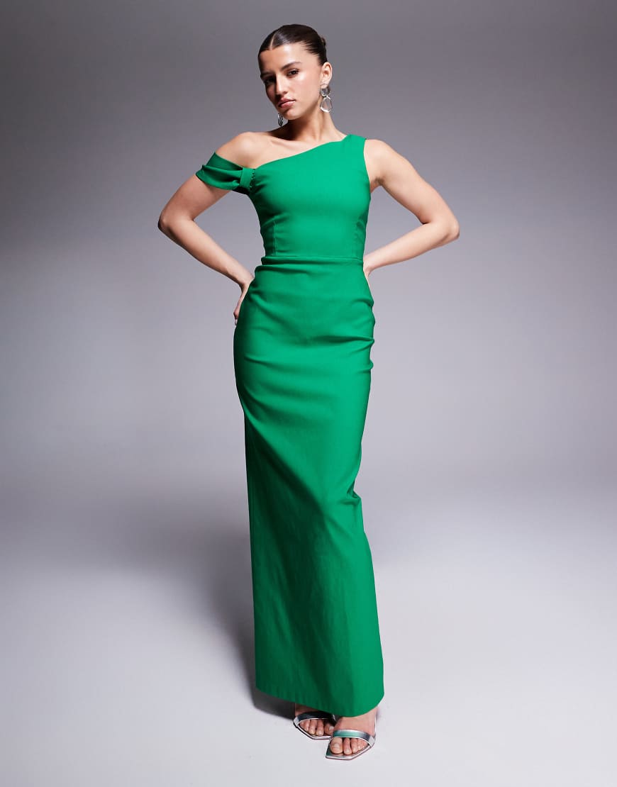 Vesper - Figurbetontes Bodycon-Kleid in Maxilänge aus Bengaline in Smaragdgrün mit Knotendetail und One-Shoulder-Träger von Vesper