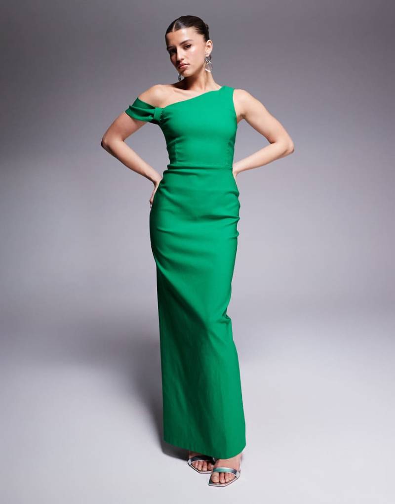 Vesper - Figurbetontes Bodycon-Kleid in Maxilänge aus Bengaline in Smaragdgrün mit Knotendetail und One-Shoulder-Träger von Vesper