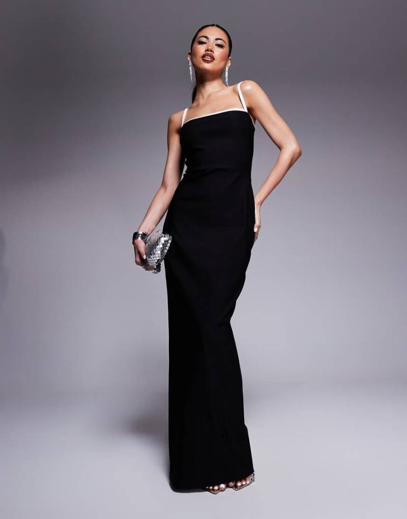 Vesper - Figurbetontes Maxikleid aus Bengaline in Schwarz mit eckigem Ausschnitt und farblich abgesetzter Paspelierung von Vesper