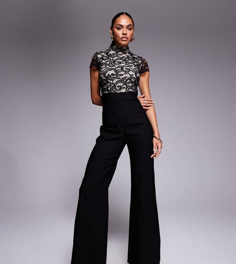 Vesper - Hochgeschlossener Jumpsuit aus Bengaline in Schwarz mit Lace-Overlay-Blau von Vesper