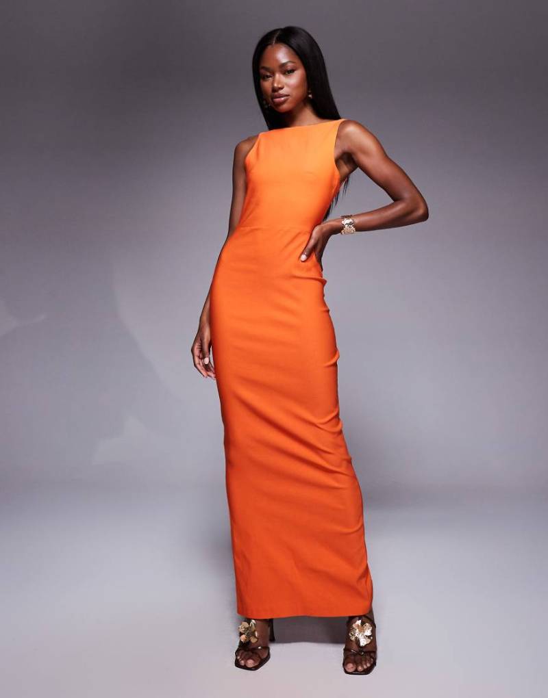 Vesper - Hochgeschlossenes Bengaline-Maxikleid in Orange mit Rückenausschnitt von Vesper