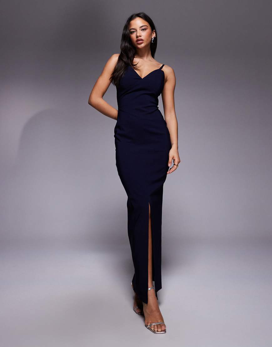 Vesper - Maxikleid aus Bengaline in Marineblau mit V-Ausschnitt und tiefem Rückenausschnitt von Vesper