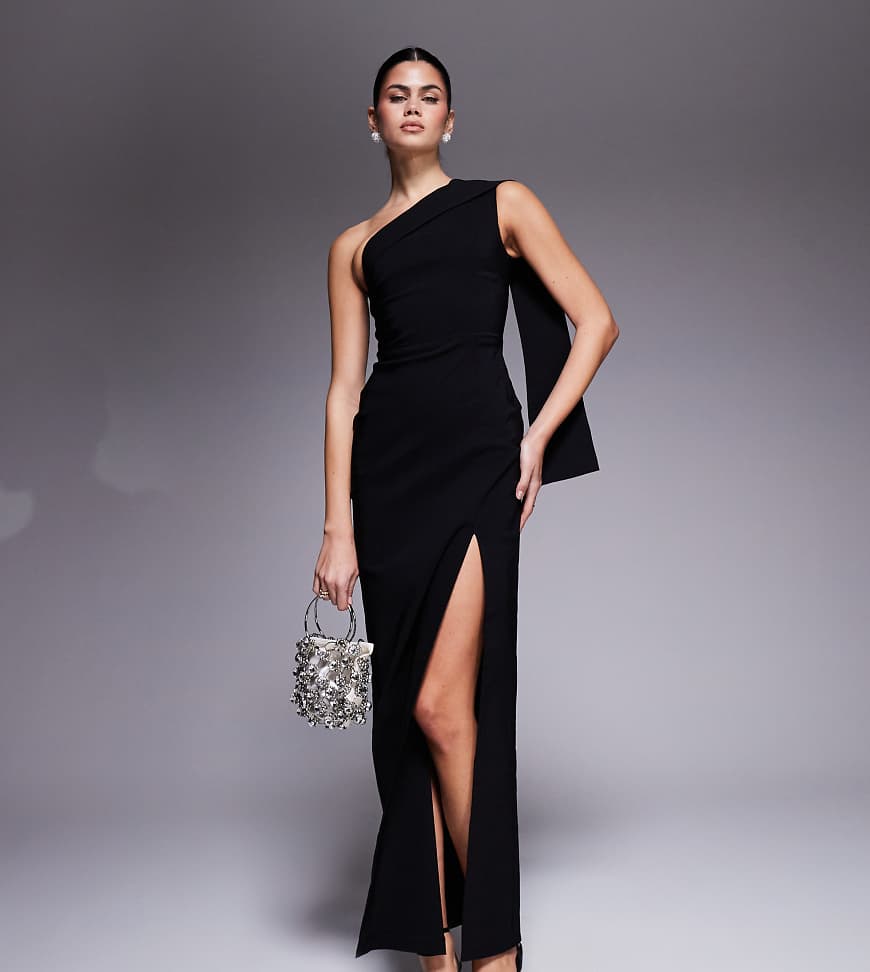 Vesper - Maxikleid aus Bengaline in Schwarz mit One-Shoulder-Träger, Drapierung und seitlichem Schlitz von Vesper