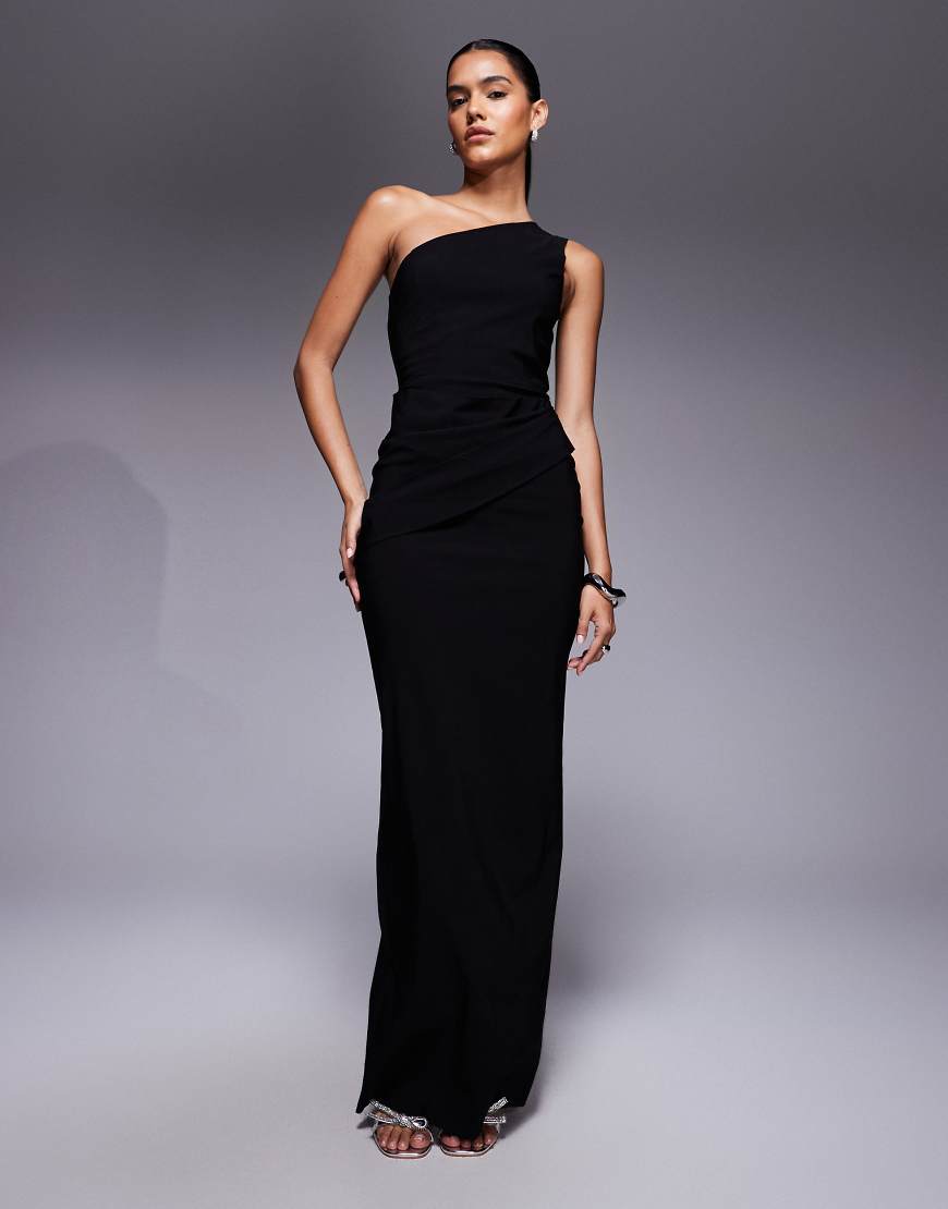 Vesper - Maxikleid aus Bengaline in Schwarz mit One-Shoulder-Träger und geraffter Taille mit Drapierung von Vesper