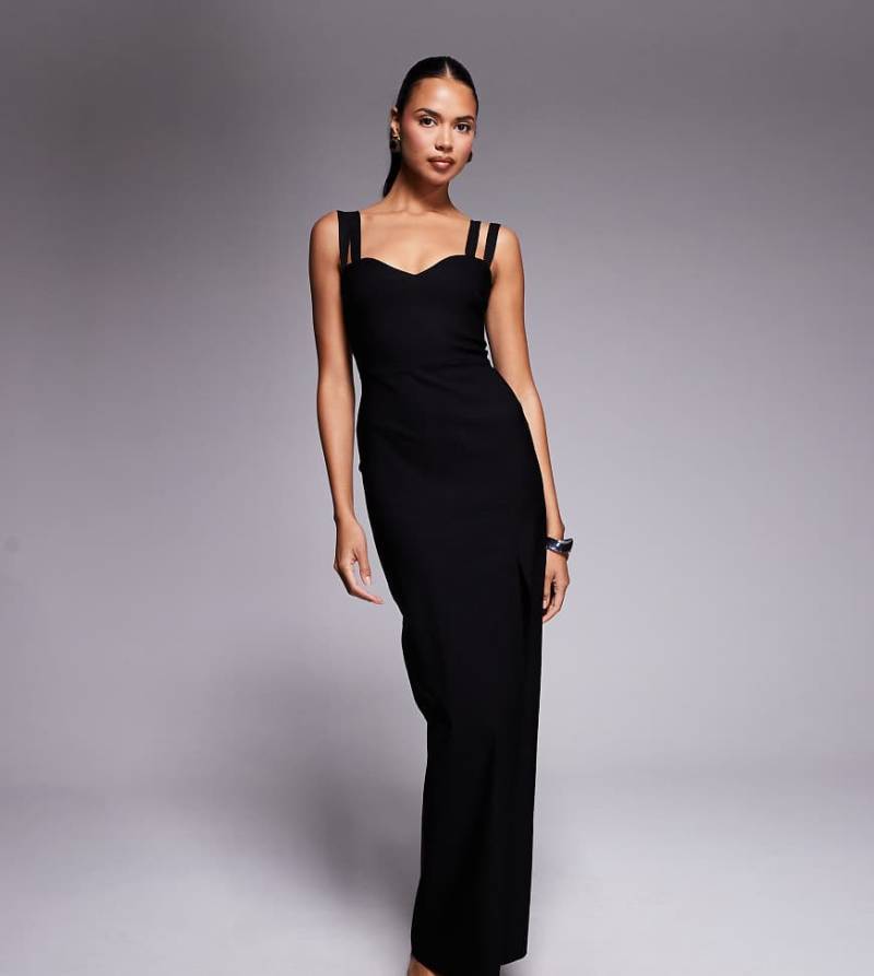 Vesper - Maxikleid aus Bengaline in Schwarz mit Riemchenträgern und Herzausschnitt von Vesper