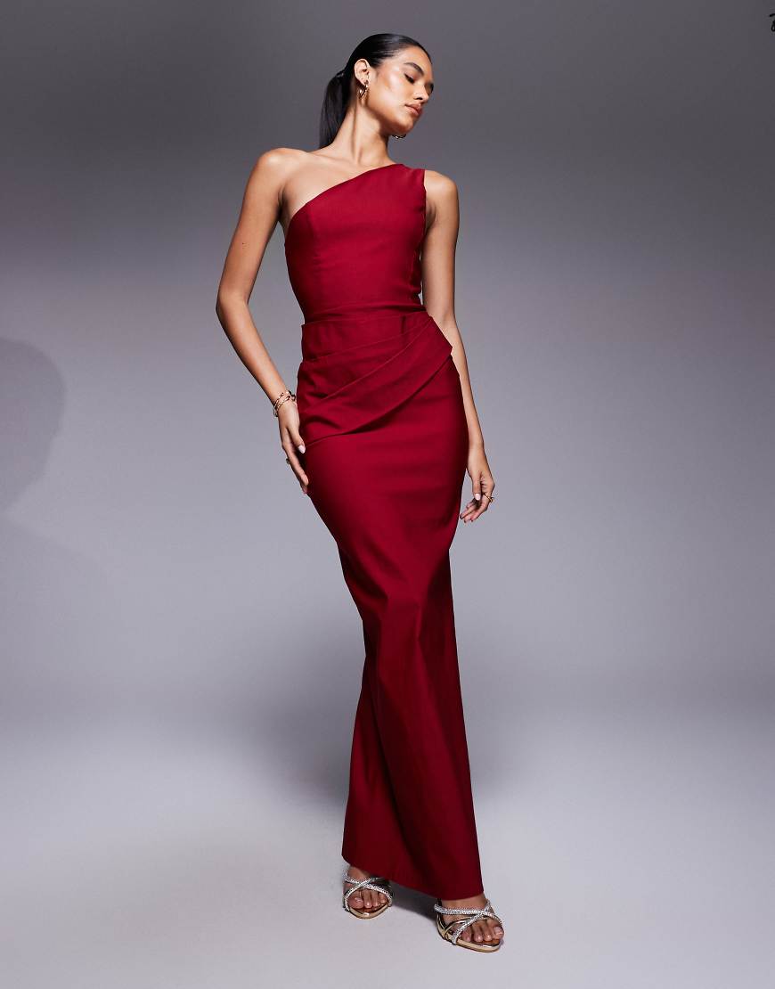 Vesper - Maxikleid aus Bengaline in Weinrot mit One-Shoulder-Träger und geraffter Taille mit Drapierung von Vesper