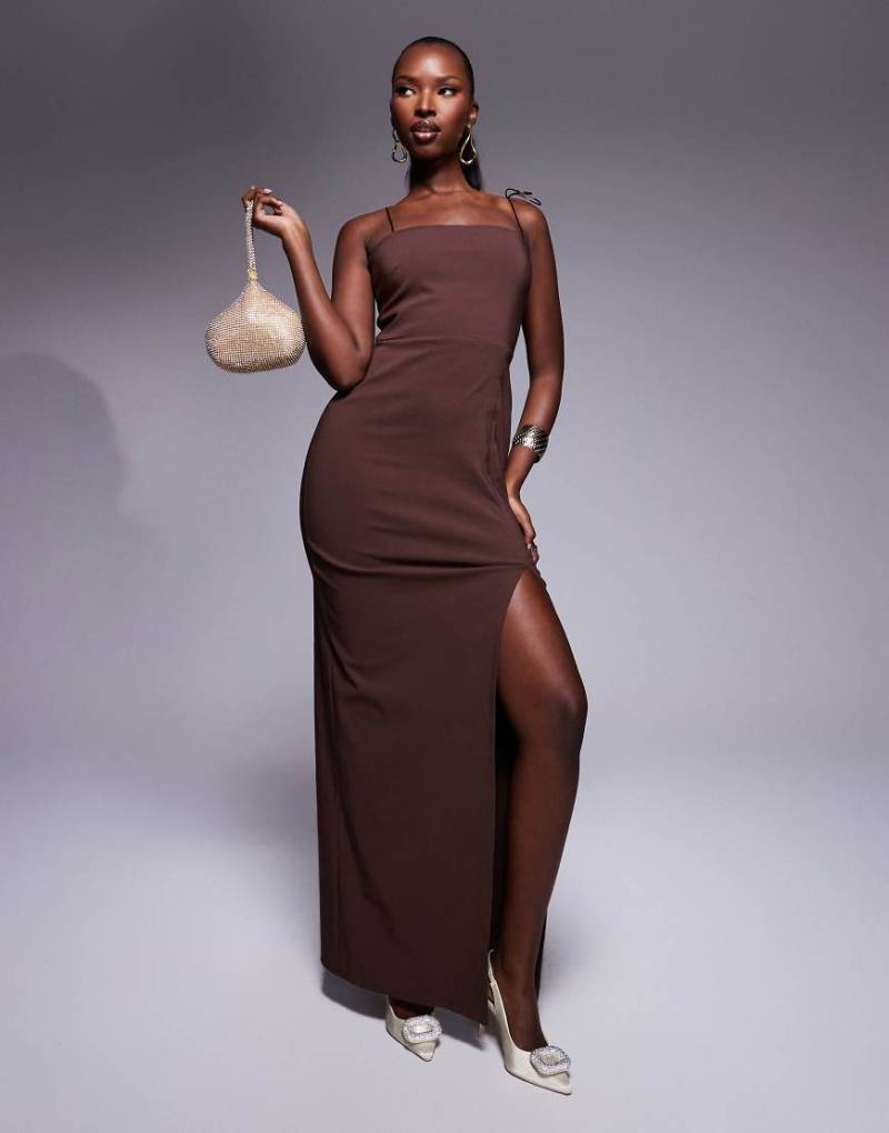 Vesper - Maxikleid aus Bengaline in Schokobraun mit hohem Schlitz und gebundenen Riemchenträgern von Vesper