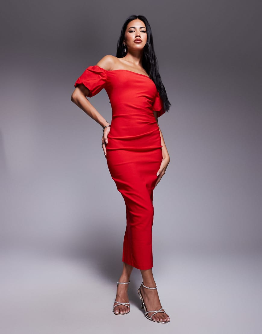 Vesper - Midaxi-Kleid aus Bengaline in Rot mit geraffter Seite, Puffärmeln und Carmen-Ausschnitt von Vesper