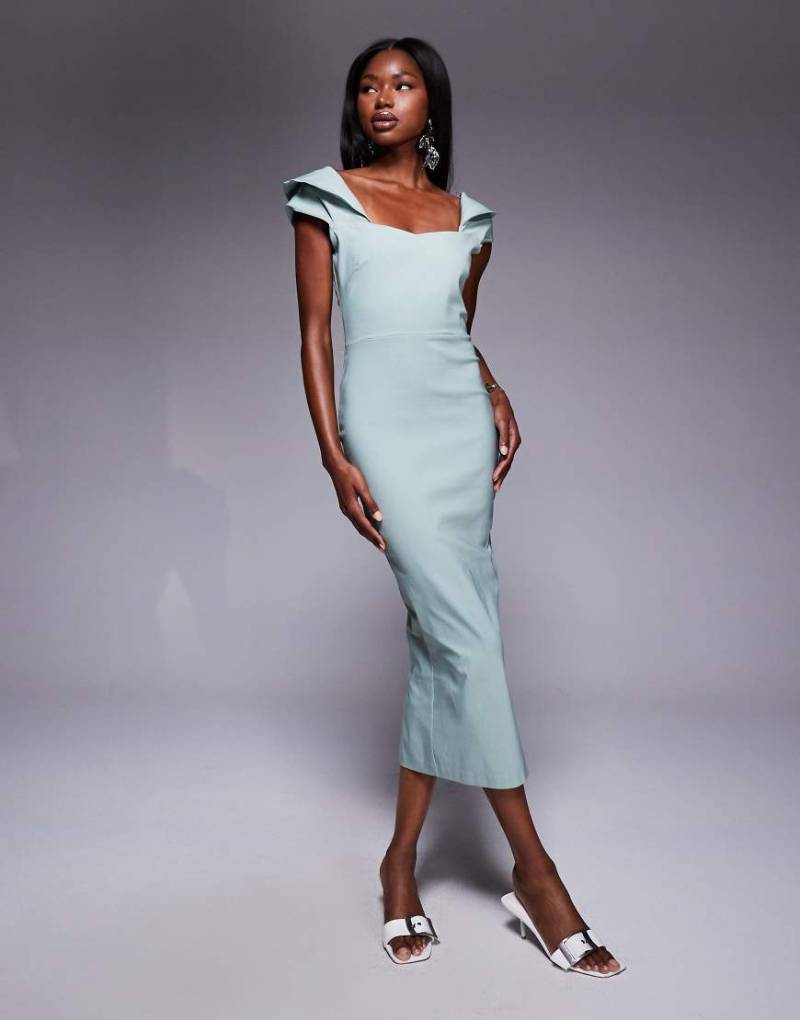 Vesper - Midaxi-Kleid aus Bengaline in Salbeigrün mit Carmen-Ausschnitt und drapierten Ärmeln von Vesper