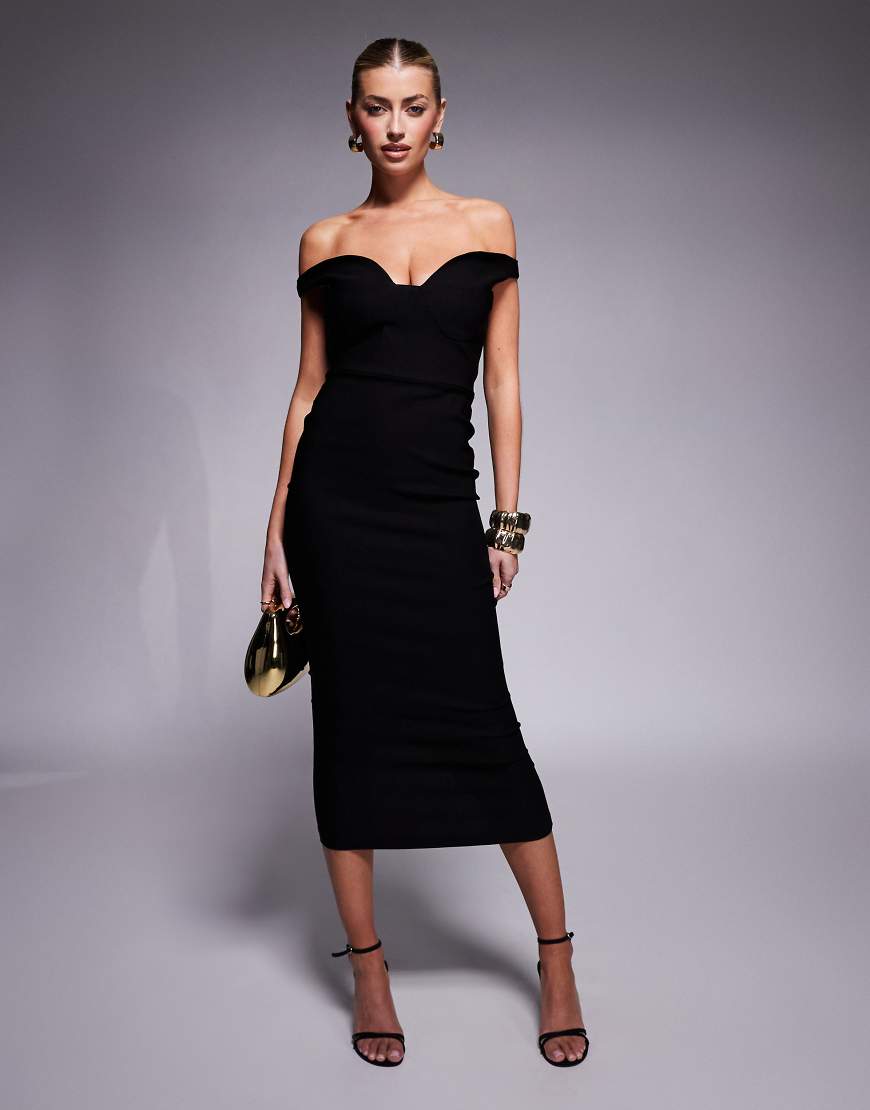 Vesper - Midaxi-Kleid aus Bengaline in Schwarz mit Herzausschnitt von Vesper