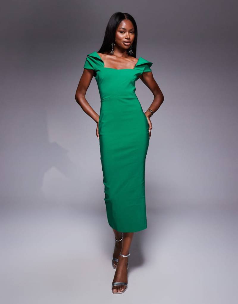 Vesper - Midaxi-Kleid aus Bengaline in Smaragd mit Carmen-Ausschnitt und drapierten Ärmeln-Grün von Vesper