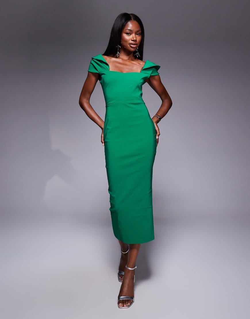 Vesper - Midaxi-Kleid aus Bengaline in Smaragd mit Carmen-Ausschnitt und drapierten Ärmeln-Grün von Vesper