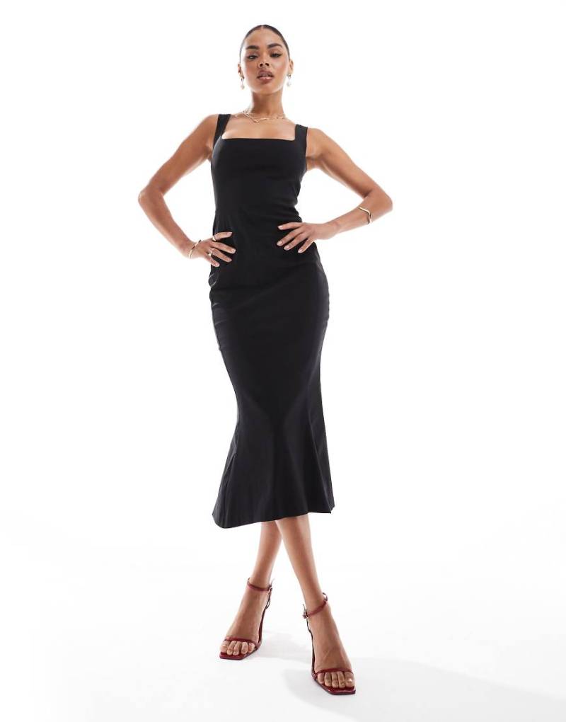 Vesper - Midaxikleid aus Bengaline in Schwarz mit eckigem Ausschnitt und Schwalbenschwanz-Saum von Vesper