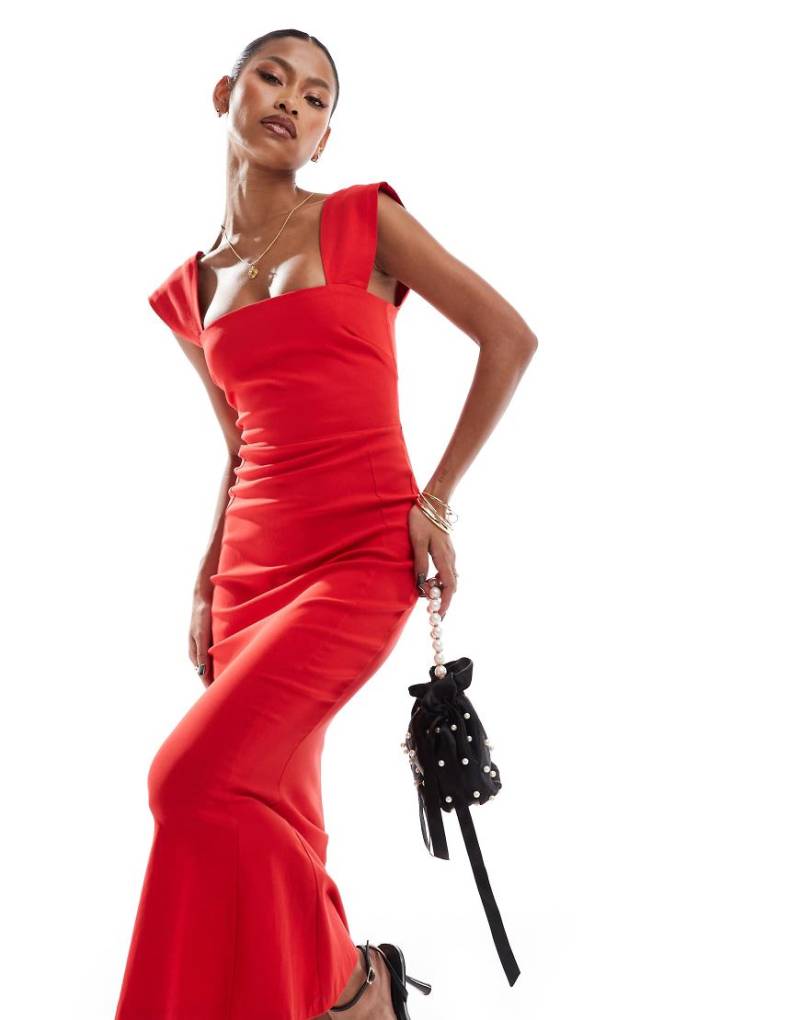 Vesper - Midaxikleid aus Bengaline in Rot mit Schwalbenschwanz-Saum und Bardotausschnitt von Vesper