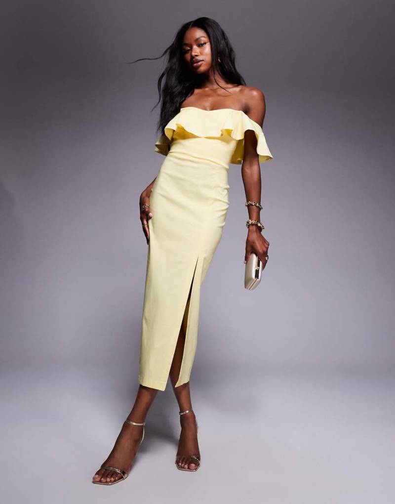 Vesper - Midikleid aus Bengaline in Zitronengelb mit gerüschtem Carmen-Ausschnitt und Seitenschlitz von Vesper