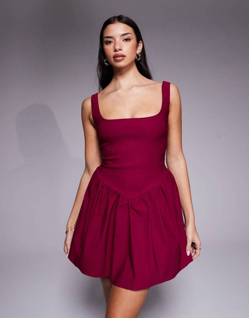 Vesper - Mini-Skater-Kleid aus Bengaline in Beerenrot mit eckigem Ausschnitt-Rosa von Vesper