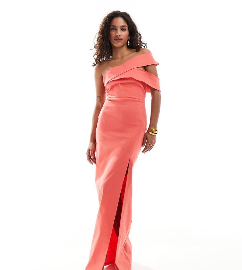 Vesper Petite - Asymmetrisches Maxikleid aus Bengaline in Koralle mit One-Shoulder-Träger und Cut-out-Detail und Oberschenkelschlitz-Orange von Vesper