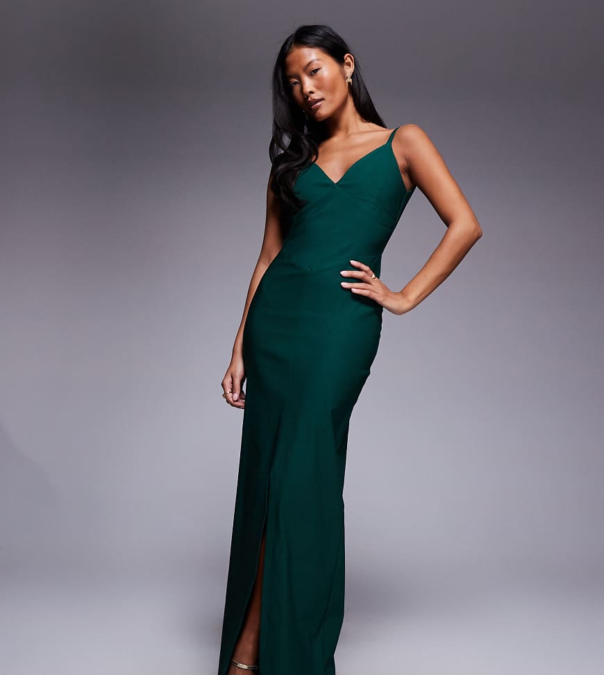 Vesper Petite - Camisole-Maxikleid aus Bengaline in Tannengrün mit tiefem Rückenausschnitt und V-Ausschnitt von Vesper