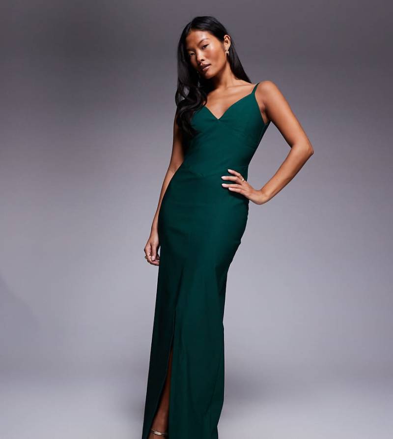 Vesper Petite - Camisole-Maxikleid aus Bengaline in Tannengrün mit tiefem Rückenausschnitt und V-Ausschnitt von Vesper