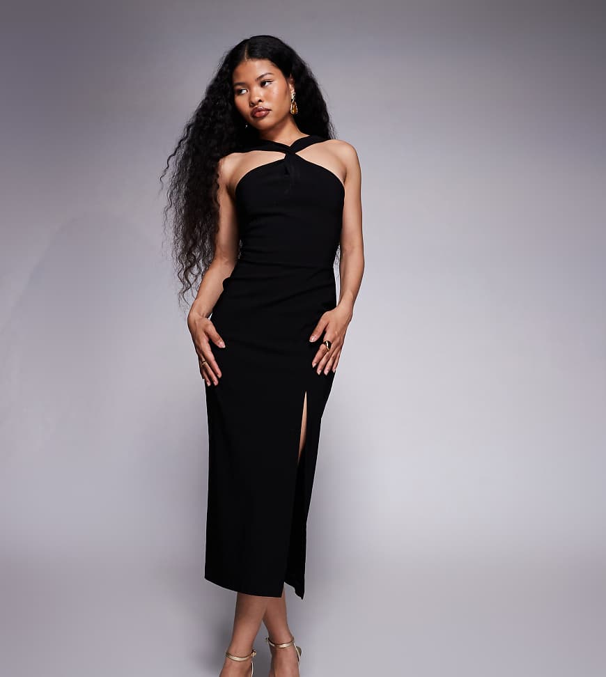 Vesper Petite - Midaxi-Kleid aus Bengaline in Schwarz mit Neckholder, Seitenschlitz und verdrehter Vorderseite von Vesper