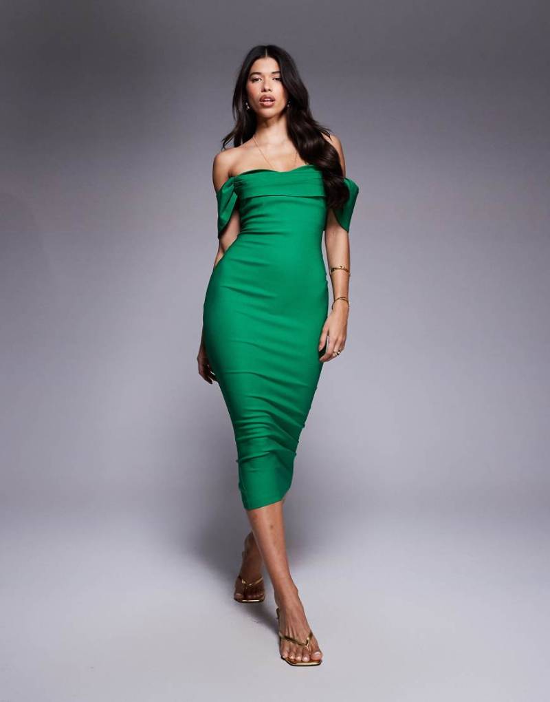 Vesper - Schulterfreies, figurbetontes Midaxi-Kleid aus Bengaline in Smaragdgrün mit Carmen-Ausschnitt von Vesper