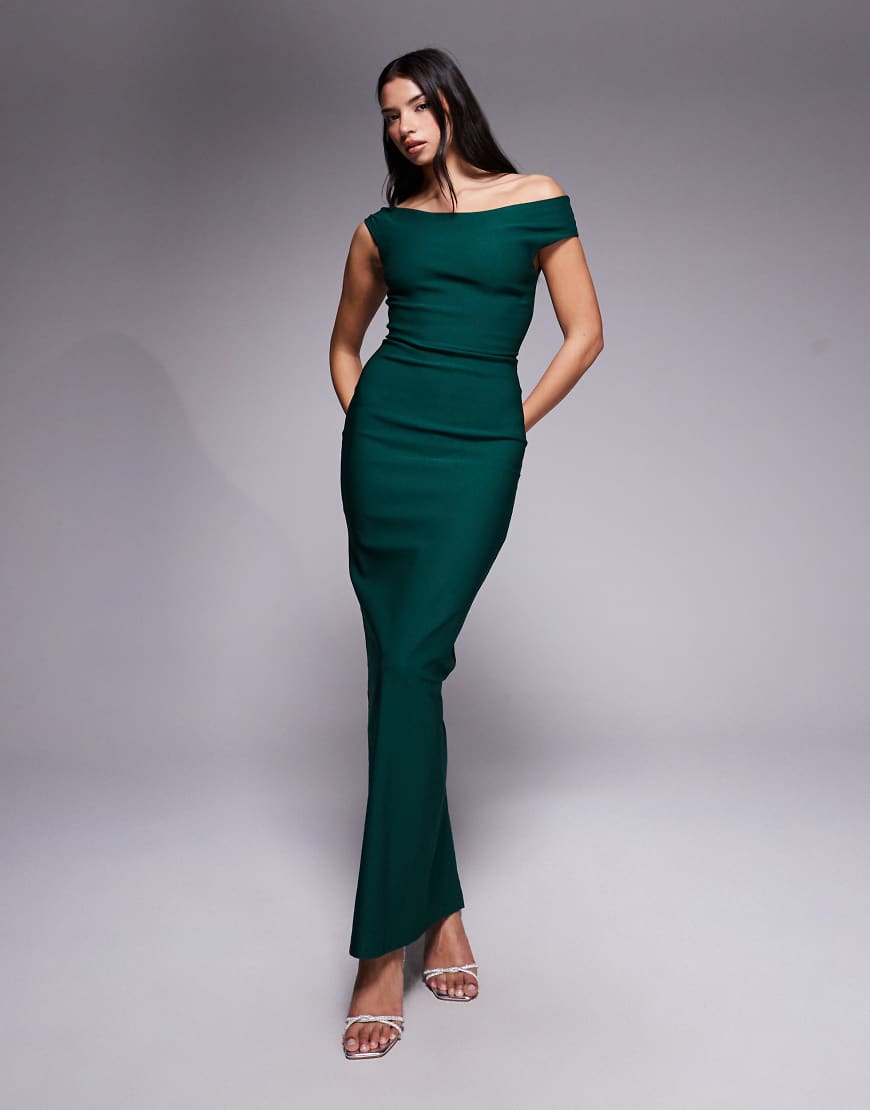 Vesper - Schulterfreies Maxikleid aus Bengaline in Tannengrün von Vesper