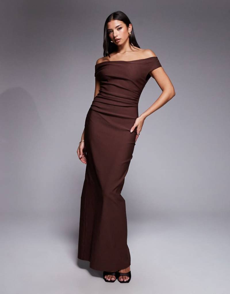 Vesper - Schulterfreies Maxikleid in Schokobraun mit geraffter Vorderseite-Brown von Vesper