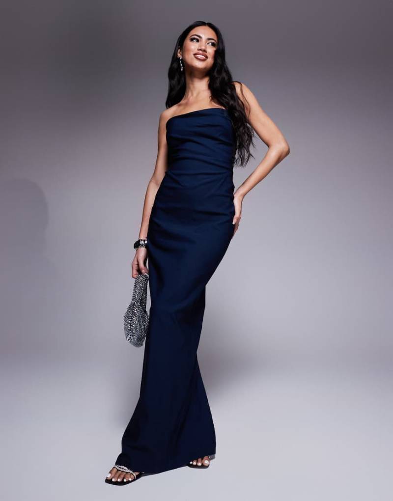 Vesper - Trägerloses Bengaline-Maxikleid in Marineblau mit drapierter Taille von Vesper