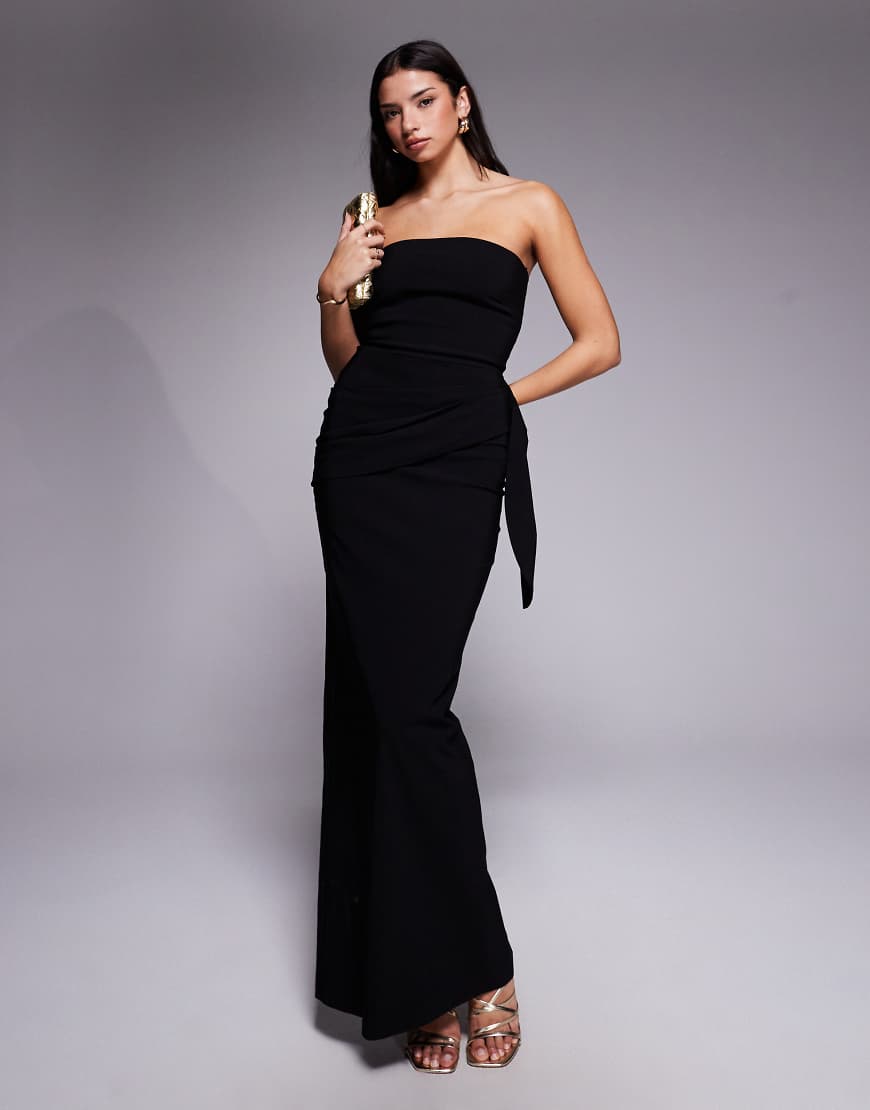 Vesper - Trägerloses Bengaline-Maxikleid in Schwarz mit Drapierung auf der Vorderseite von Vesper