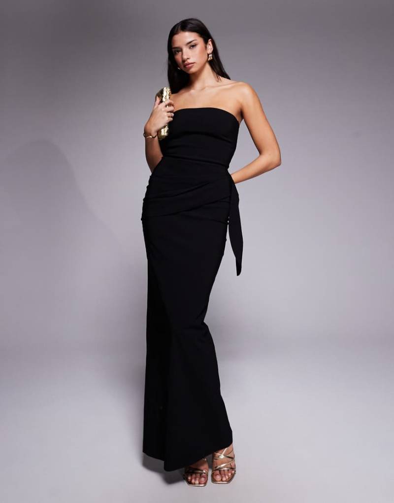Vesper - Trägerloses Bengaline-Maxikleid in Schwarz mit Drapierung auf der Vorderseite von Vesper